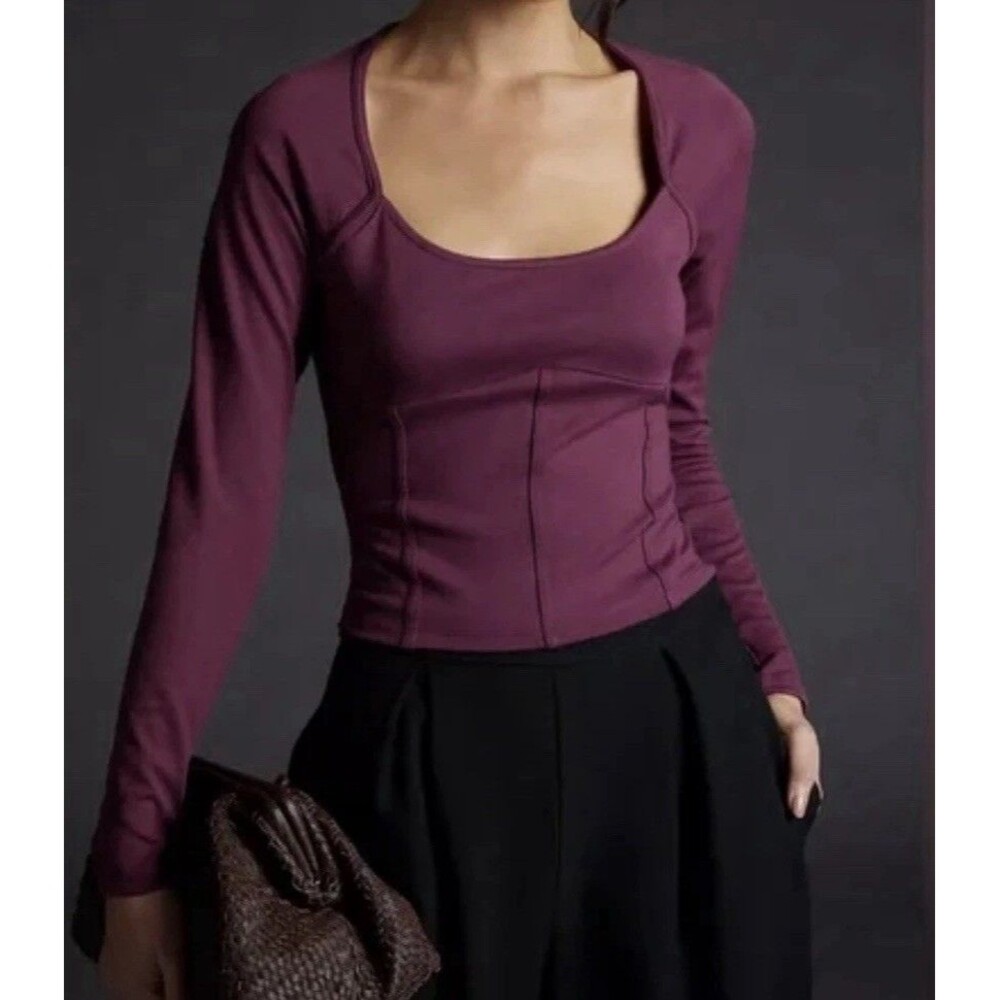 MAEVE by Anthro Slightly Cropped Ponte Corset Structured Long Sleeve Top Plum XL